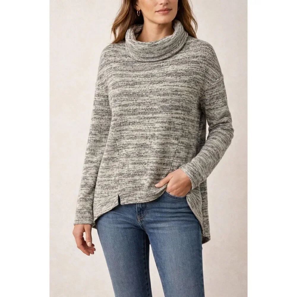 Saturday Sunday Anthropologie Cowl Neck Sweater XS Gray Marled Knit Hi Low Hem C